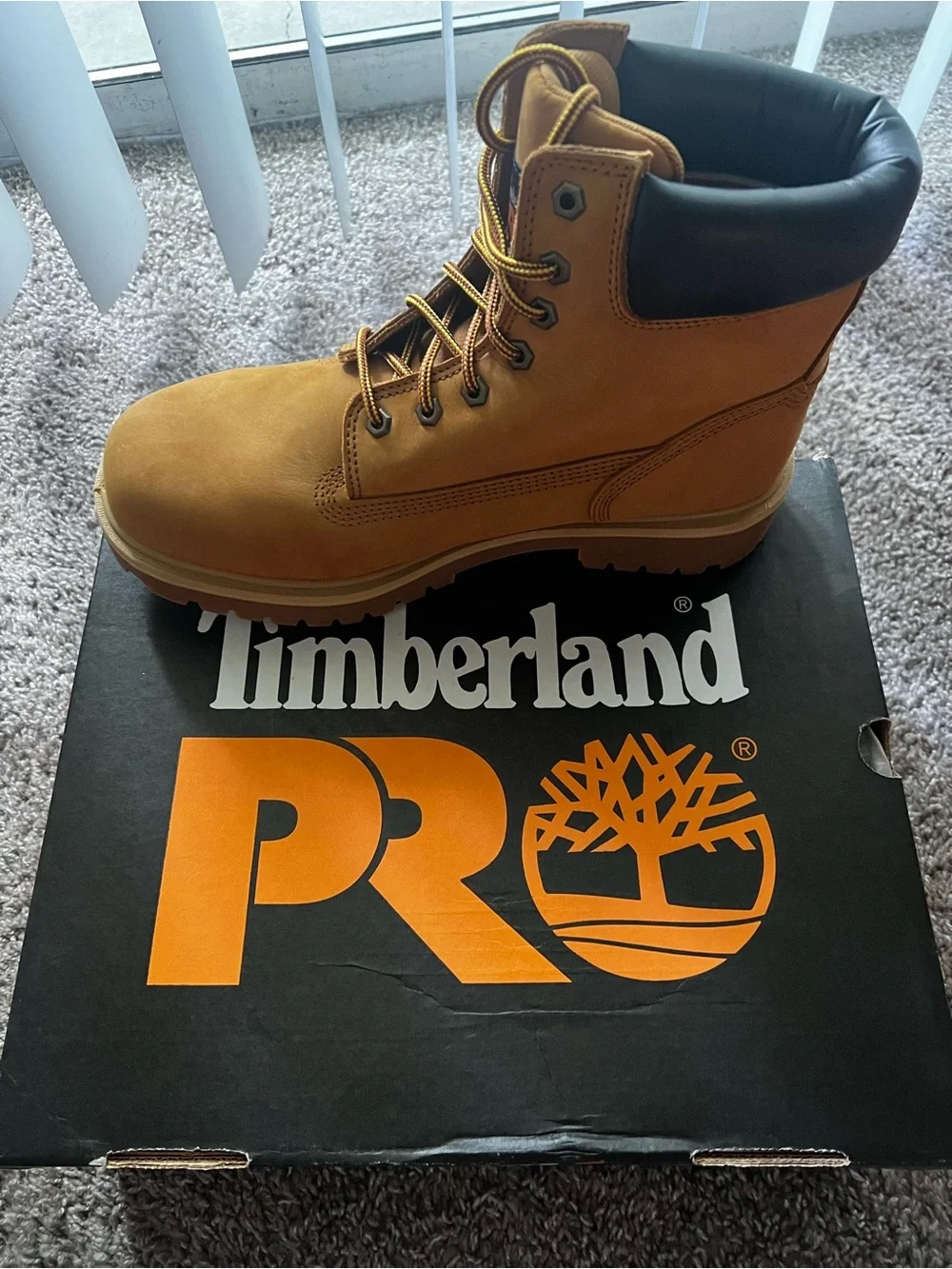 Timberland PRO Wheat/Black Work Boot Box Featuring Orange Branding